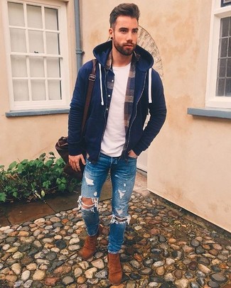 Men's Navy Hoodie, Navy Plaid Flannel Long Sleeve Shirt, White Crew-neck T-shirt, Blue Ripped Skinny Jeans