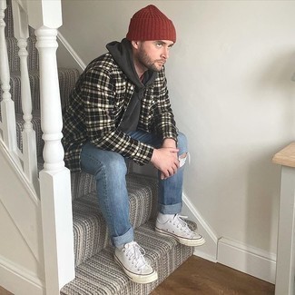 Men's Charcoal Hoodie, Black and White Plaid Long Sleeve Shirt, Blue Ripped Jeans, White Canvas Low Top Sneakers