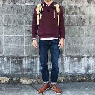 Beige Canvas Backpack Outfits For Men: For a laid-back and cool outfit, marry a burgundy hoodie with a beige canvas backpack — these items work beautifully together. Wondering how to complement this ensemble? Finish off with brown leather casual boots to dial it up a notch.