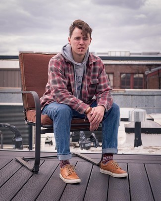Men's Grey Print Hoodie, Multi colored Plaid Flannel Long Sleeve Shirt, Blue Jeans, Tobacco Leather Low Top Sneakers
