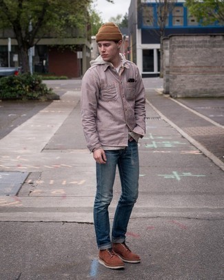 Brown Shoes with Beanie Relaxed Outfits For Men: Combining a white horizontal striped hoodie and a beanie will prove your prowess in menswear styling even on lazy days. A pair of brown suede casual boots introduces a classy aesthetic to the look.