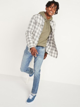 Men's Tan Hoodie, Grey Gingham Long Sleeve Shirt, Light Blue Jeans, Navy and White Canvas Low Top Sneakers