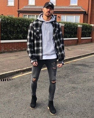 Black and White Plaid Flannel Long Sleeve Shirt Outfits For Men: The go-to for a kick-ass casual outfit? A black and white plaid flannel long sleeve shirt with charcoal ripped skinny jeans. Clueless about how to finish this look? Wear a pair of black suede chelsea boots to elevate it.