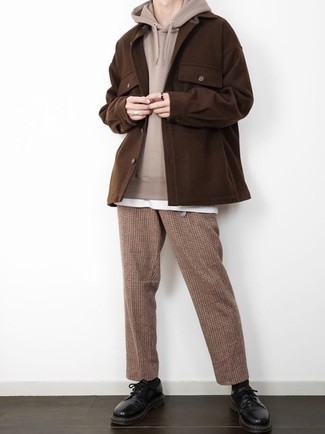 Tan Hoodie Outfits For Men: Putting together a tan hoodie with khaki check chinos is an on-point pick for a laid-back but dapper look. You know how to bring an added dose of style to this outfit: black leather derby shoes.