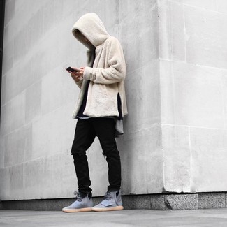 Beige Fleece Hoodie Outfits For Men: We're all seeking functionality when it comes to styling, and this casual combo of a beige fleece hoodie and black ripped jeans is a good illustration of that. A cool pair of grey leather high top sneakers pulls this outfit together.