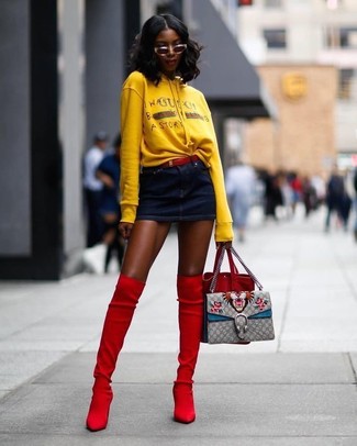 Women's Yellow Print Hoodie, Navy Denim Mini Skirt, Red Suede Over The Knee Boots, Red Suede Bucket Bag