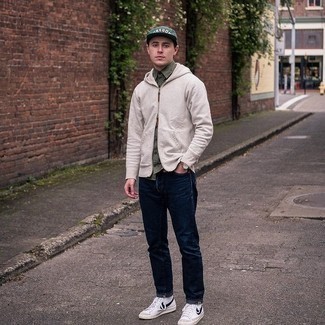 Men's Beige Hoodie, Olive Short Sleeve Shirt, Navy Jeans, White and Black Canvas High Top Sneakers