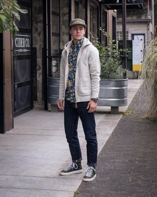 Charcoal Hoodie Outfits For Men: This laid-back and cool ensemble is really pared down: a charcoal hoodie and navy jeans. And if you wish to instantly dress down this getup with shoes, complete this look with dark green canvas high top sneakers.