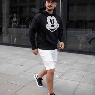 Black and White Print Hoodie Outfits For Men: A black and white print hoodie and white ripped denim shorts are great menswear elements to have in your daily styling lineup. Add black and white leather low top sneakers to the equation to immediately step up the style factor of any ensemble.