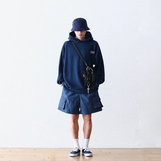 Men's Navy Hoodie, Navy Shorts, Navy and White Canvas Low Top Sneakers, Black Canvas Messenger Bag