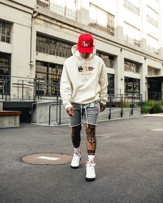 Men's White Print Hoodie, Grey Sports Shorts, White Canvas High Top Sneakers, Red and White Print Baseball Cap