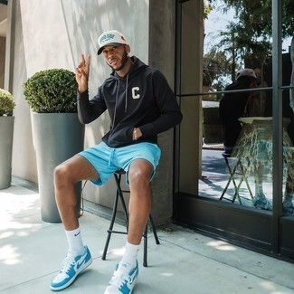 Men's Black Hoodie, Light Blue Sports Shorts, White and Blue Leather Low Top Sneakers, White Print Baseball Cap