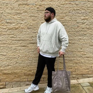 Black Chinos Warm Weather Outfits: This relaxed combination of a grey hoodie and black chinos takes on different forms according to how you style it out. A pair of white athletic shoes can immediately play down an all-too-dressy look.