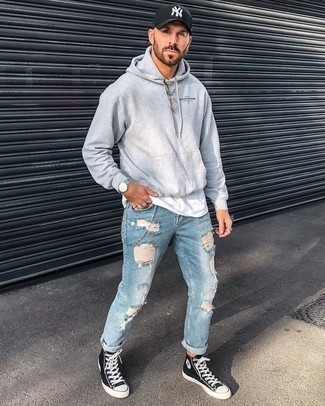Silver Leather Watch Outfits For Men: If you enjoy a more laid-back approach to styling, why not try teaming a grey hoodie with a silver leather watch? To give your overall ensemble a sleeker touch, why not introduce black and white canvas high top sneakers to your outfit?