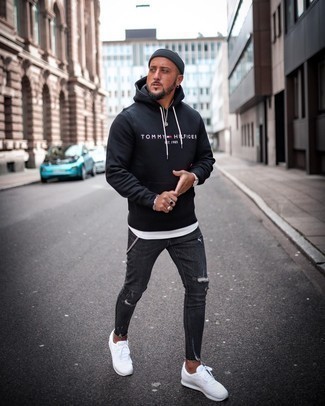 Men's Black and White Print Hoodie, White Tank, Charcoal Ripped Skinny Jeans, White Athletic Shoes