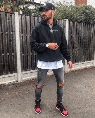 Skinny Fit Charcoal Jeans With Ripped Knees