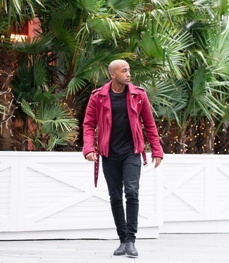 Pink Biker Jacket Outfits For Men: If you gravitate towards casual combos, why not opt for this combination of a pink biker jacket and black jeans? Complete your look with a pair of black leather chelsea boots to shake things up.