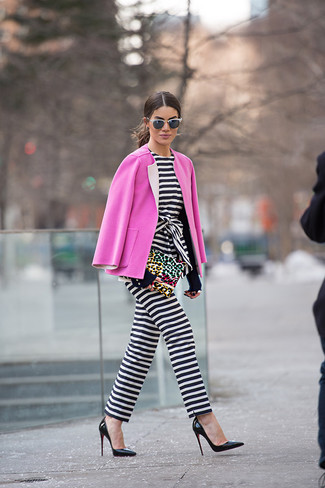 Black Leather Pumps Outfits: Marrying a hot pink coat with a white and black horizontal striped jumpsuit is an amazing option for a relaxed look. Dial down the casualness of this outfit with a pair of black leather pumps.