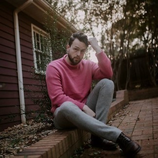 Tobacco Leather Casual Boots Warm Weather Outfits For Men: Try teaming a hot pink crew-neck sweater with grey chinos for a casual getup with a fashionable spin. Complement your ensemble with tobacco leather casual boots to completely spice up the look.