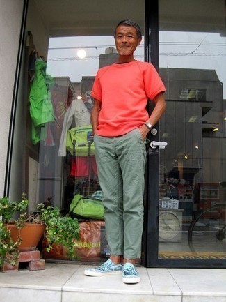 Men's Hot Pink Crew-neck T-shirt, Mint Chinos, Aquamarine Canvas Slip-on Sneakers, Silver Watch