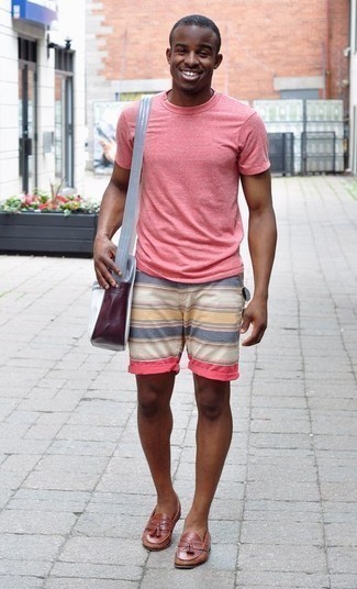 Men's Hot Pink Crew-neck T-shirt, Multi colored Horizontal Striped Shorts, Brown Leather Tassel Loafers, White Canvas Tote Bag