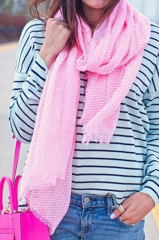 Women's Pink Scarf, Hot Pink Leather Crossbody Bag, Blue Jeans, White and Navy Horizontal Striped Long Sleeve T-shirt