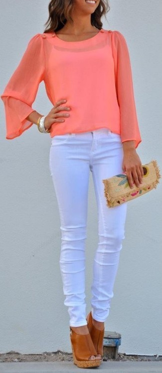 Women's Hot Pink Long Sleeve Blouse, White Skinny Jeans, Tobacco Leather Wedge Sandals, Tan Straw Clutch