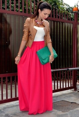 Women's Teal Leather Clutch, Hot Pink Maxi Skirt, White Tank, Tobacco Leather Biker Jacket