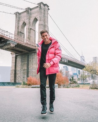 Pink Puffer Coat Outfits For Men: If you're after a casual but also stylish ensemble, consider wearing a pink puffer coat and black chinos. Want to go all out on the shoe front? Opt for black leather casual boots.