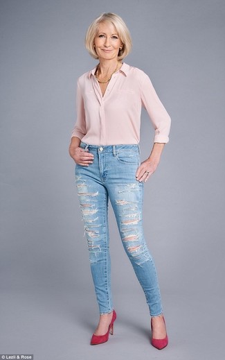 Women's Gold Necklace, Hot Pink Suede Pumps, Light Blue Ripped Skinny Jeans, Pink Silk Dress Shirt