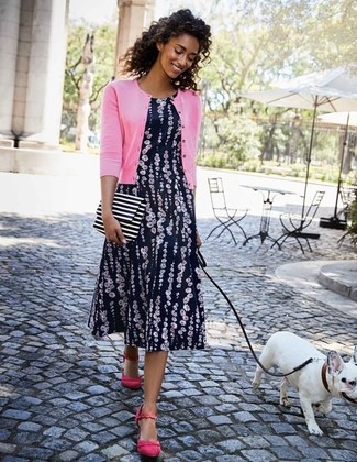 Women's White and Black Horizontal Striped Leather Clutch, Hot Pink Suede Pumps, Navy Floral Midi Dress, Hot Pink Cardigan