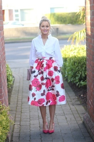 Women's Pink Leather Clutch, Hot Pink Leather Pumps, White and Pink Floral Full Skirt, White Dress Shirt