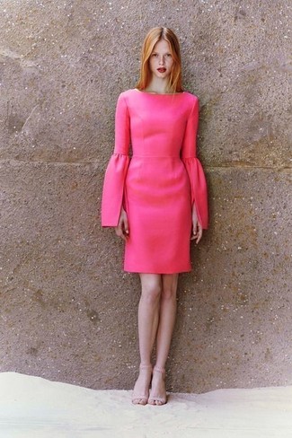 Dress in a hot pink sheath dress to pull together an interesting and put together outfit. If not sure as to what to wear in the shoe department, complement this look with a pair of beige leather heeled sandals.