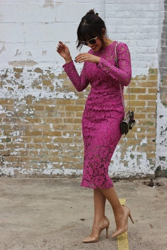 Multi colored Beaded Clutch Outfits: Perfect the effortlessly stylish getup in a hot pink lace sheath dress and a multi colored beaded clutch. Tan leather pumps introduce a classy aesthetic to the getup.