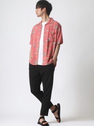 Black Canvas Sandals Outfits For Men: Such pieces as a hot pink print short sleeve shirt and black chinos are the ideal way to inject effortless cool into your daily casual fashion mix. A pair of black canvas sandals instantly amps up the wow factor of this outfit.