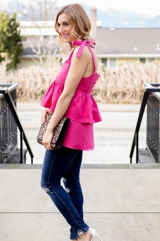 Hot Pink Blouse Outfits: Go for a straightforward but laid-back and cool getup by wearing a hot pink blouse and navy ripped skinny jeans. Rounding off with white leather heeled sandals is the simplest way to infuse an extra dose of polish into your outfit.