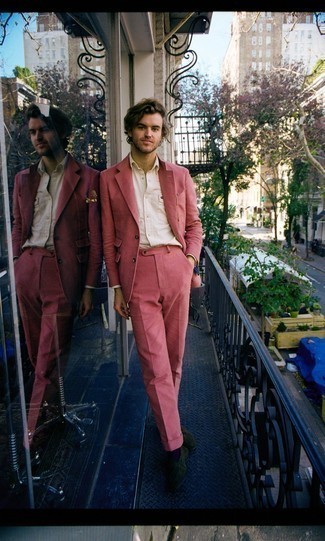 Hot Pink Suit Outfits: Solid proof that a hot pink suit and a white dress shirt look awesome when teamed together in a refined look for a modern man. Infuse a fun feel into this getup by sporting a pair of dark green suede loafers.