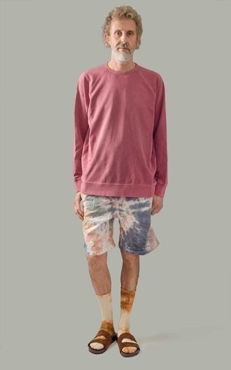 Men's Hot Pink Sweatshirt, Multi colored Tie-Dye Shorts, Brown Suede Sandals, Orange Tie-Dye Socks