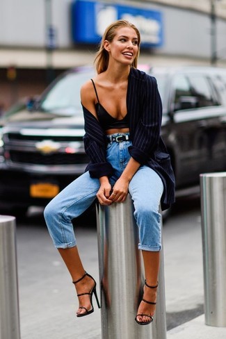 Blue Vertical Striped Dress Shirt Outfits For Women: 