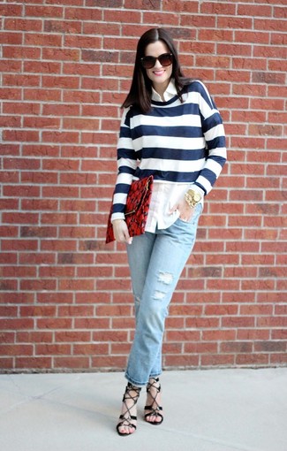 Women's Black Heeled Sandals, Light Blue Jeans, White Button Down Blouse, White and Navy Horizontal Striped Crew-neck Sweater
