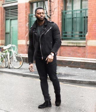 Black Suede Biker Jacket Outfits For Men: 