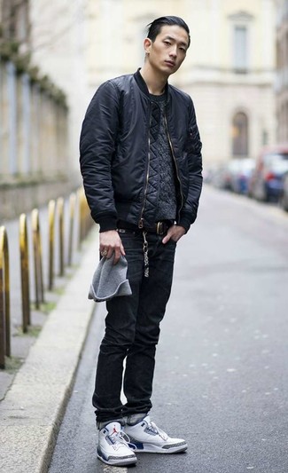 Men's White High Top Sneakers, Black Jeans, Charcoal Cable Sweater, Black Bomber Jacket