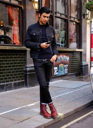 Men's Burgundy Leather Casual Boots, Black Jeans, Navy Cable Sweater, Navy Denim Jacket