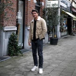 Men's White Leather Low Top Sneakers, Charcoal Jeans, Black Cable Sweater, Beige Harrington Jacket