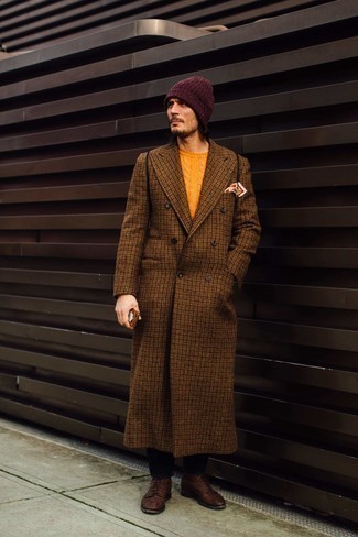 Men's Dark Brown Leather Casual Boots, Black Jeans, Orange Cable Sweater, Brown Houndstooth Overcoat