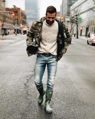 Olive Puffer Jacket with Rain Boots Outfits For Men: 
