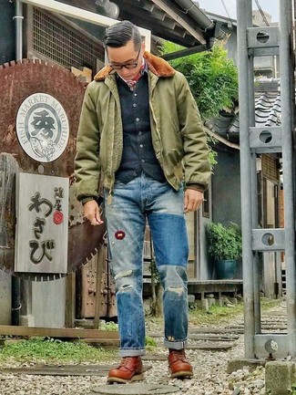 Men's Brown Leather Work Boots, Blue Ripped Jeans, Black Cardigan, Olive Bomber Jacket