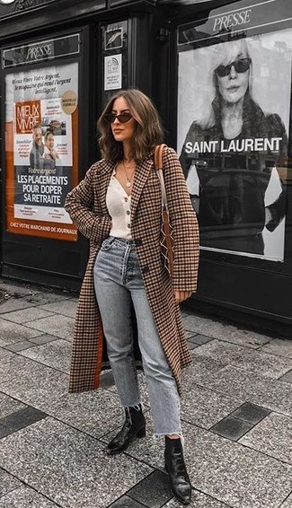 Brown Check Coat Spring Outfits For Women: 