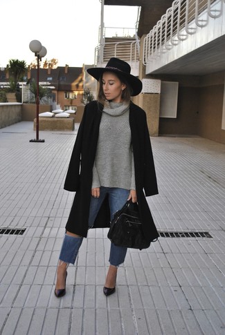 Women's Black Leather Pumps, Blue Ripped Jeans, Grey Cowl-neck Sweater, Black Coat