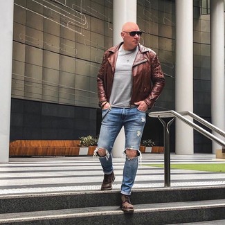Men's Brown Leather Casual Boots, Blue Ripped Jeans, Grey Crew-neck Sweater, Brown Leather Biker Jacket